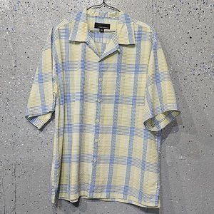 Greg Norman Mens Yellow Blue Short Sleeve Button Down Pocket Shirt Large L